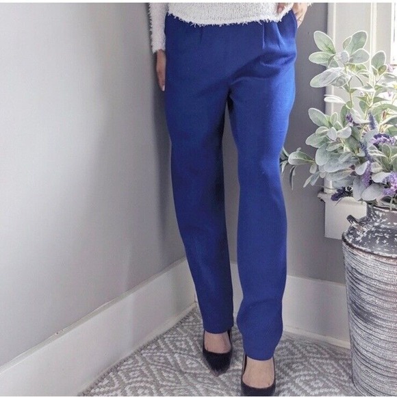 St. John Collection Women 12 Santana Knit Pants Pull‎ On Pleated High Rise Blue - Picture 1 of 13
